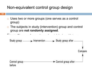 Non-equivalent control group design
101
 Uses two or more groups (one serves as a control
group)
 The subjects in study (intervention) group and control
group are not randomly assigned.
Figure: Diagram of a quasi-experimental design with two groups
 