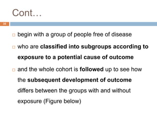 35
Cont…
 begin with a group of people free of disease
 who are classified into subgroups according to
exposure to a potential cause of outcome
 and the whole cohort is followed up to see how
the subsequent development of outcome
differs between the groups with and without
exposure (Figure below)
 