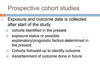 41
Prospective cohort studies
 Exposure and outcome data is collected
after start of the study
 cohorts Identified in the present
 exposure status or possible
explanatory/prognostic factors determined in
the present
 Cohorts followed-up to identify outcome
 Ascertainment of outcome done in future
 