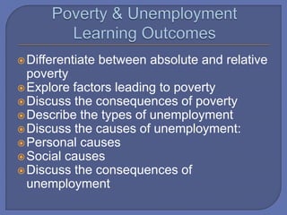 Differentiate between absolute and relative
poverty
Explore factors leading to poverty
Discuss the consequences of poverty
Describe the types of unemployment
Discuss the causes of unemployment:
Personal causes
Social causes
Discuss the consequences of
unemployment
 