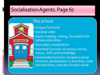 SocialisationAgents.Page67
The school
• Unique functions
• Societal order
• learns reading, writing, foundation for
tertiary education
• Secondary socialisation
• Intended function: to convey norms,
values, skills and knowledge
• Unintended function: broadens social
horizons, participation in activities, rules
and sanctions, preview of adult world
 