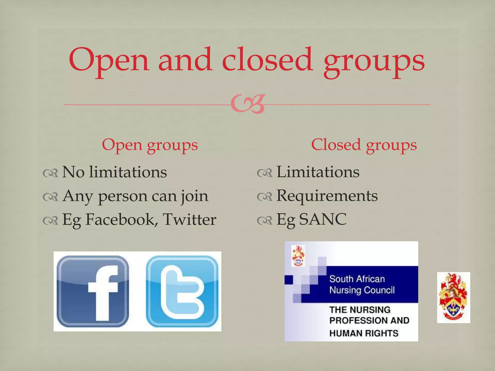 
Open and closed groups
Open groups
 No limitations
 Any person can join
 Eg Facebook, Twitter
Closed groups
 Limitations
 Requirements
 Eg SANC
 