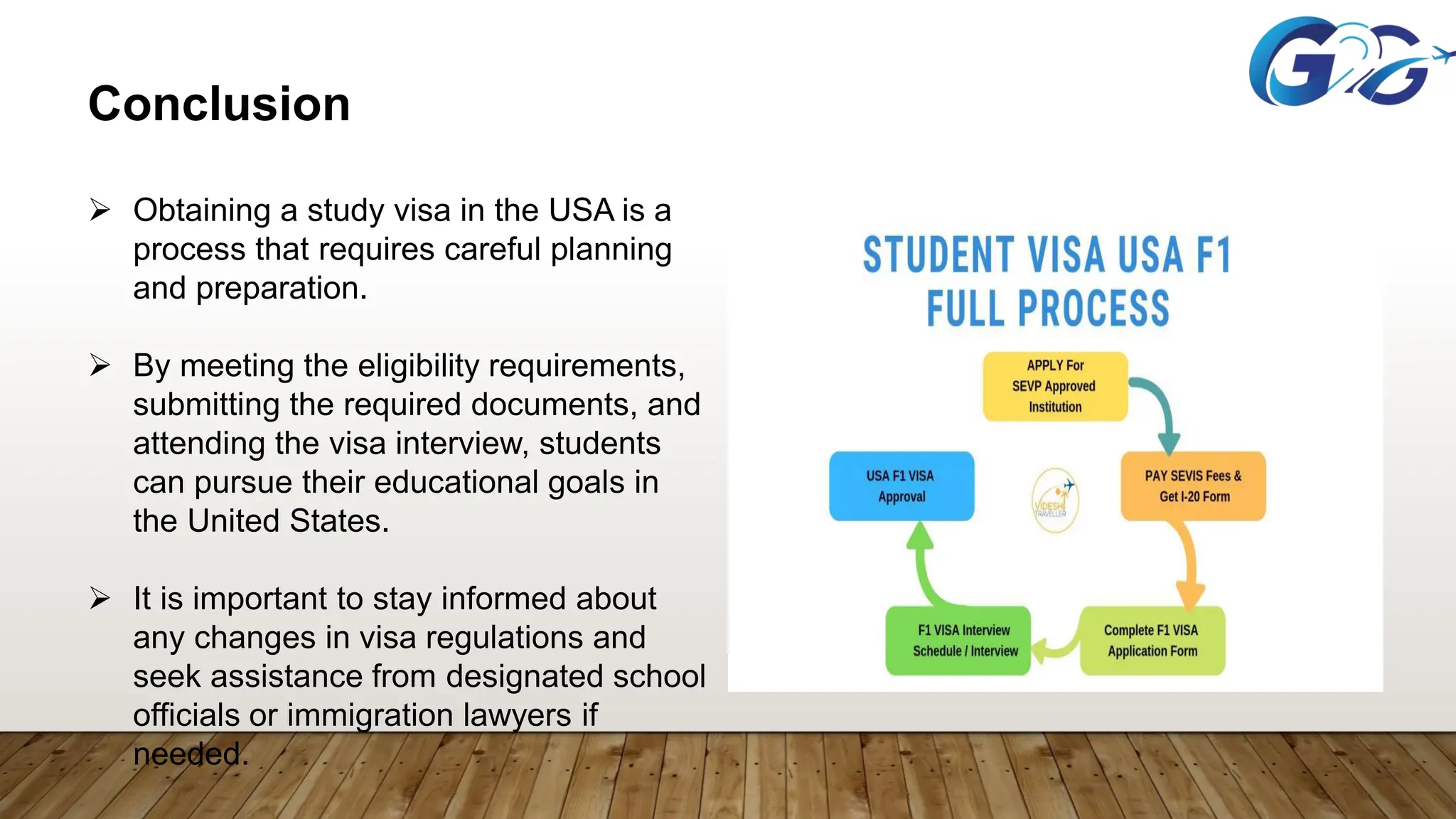 Conclusion
 Obtaining a study visa in the USA is a
process that requires careful planning
and preparation.
 By meeting the eligibility requirements,
submitting the required documents, and
attending the visa interview, students
can pursue their educational goals in
the United States.
 It is important to stay informed about
any changes in visa regulations and
seek assistance from designated school
officials or immigration lawyers if
needed.
 