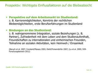 Seite 10
Prospektiv: Wichtigste Einflussfaktoren auf die Bleibeabsicht
Quelle: SVR-Forschungsbereich 2012
 Perspektive auf dem Arbeitsmarkt im Studienland:
z. B. Karrieremöglichkeiten, Kenntnis der rechtlichen
Bleibemöglichkeiten, erste Berufserfahrungen im Studienland
 Bindungen an das Studienland:
z. B. wahrgenommene Integration, soziale Beziehungen (z. B.
Partner), Zufriedenheit mit dem Leben und dem Studienaufenthalt,
Freundschaften zu internationalen und einheimischen Freunden,
Teilnahme an sozialen Aktivitäten, kein Heimweh / Einsamkeit
(Baruch et al. 2007; Constant/Massey 2002; Diehl/Preisendörfer 2007; (Lu et al. 2009; SVR-
Forschungsbereich 2012)
 