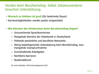 Hürden beim Berufseinstieg: Selbst ‚Idealzuwanderer
brauchen Unterstützung.
Seite 13
 Wunsch zu bleiben ist groß (für bestimmte Dauer)
 Karrieremöglichkeiten werden positiv eingeschätzt
 Wo könnten die Hindernisse beim Berufseinstieg liegen?
 Unzureichende Sprachkenntnisse
 Mangelnde Kenntnis der Arbeitswelt in Deutschland
 Fehlende persönliche und berufliche Netzwerke
 Wenig bedarfsgerechte Unterstützung beim Berufseinstieg, bzw.
mangelnde Inanspruchnahme
 Zurückhaltende Arbeitgeber
 Rechtliche Barrieren
 Studienabbruch
Für einen Überblick: SVR-Forschungsbereich 2015
 