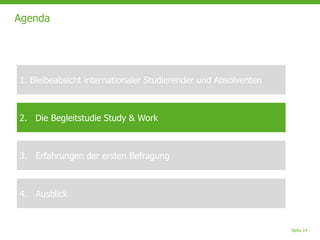 Seite 14
Agenda
1. Bleibeabsicht internationaler Studierender und Absolventen
2. Die Begleitstudie Study & Work
3. Erfahrungen der ersten Befragung
4. Ausblick
 