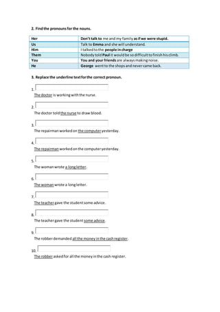 2. Findthe pronounsfor the nouns.
Her Don’t talk to me and my family asifwe were stupid.
Us Talk to Emma and she will understand.
Him I talkedtothe people incharge
Them Nobodytold Paul it wouldbe sodifficulttofinishhisclimb.
You You and your friendsare alwaysmakingnoise.
He George wentto the shopsandnevercame back.
3. Replace the underline textforthe correct pronoun.
1.
The doctor is workingwiththe nurse.
2.
The doctor told the nurse to draw blood.
3.
The repairmanworkedon the computeryesterday.
4.
The repairman workedonthe computeryesterday.
5.
The womanwrote a longletter.
6.
The woman wrote a longletter.
7.
The teachergave the studentsome advice.
8.
The teachergave the studentsome advice.
9.
The robberdemanded all the moneyinthe cashregister.
10.
The robberaskedfor all the moneyinthe cash register.
 