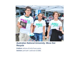 Australian National University: Move Out
Recycle
Problem: volume of end-of-year waste.
Solution: yard sale! (sold over $7,000)
 