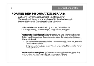 FORMEN DER INFORMATIONSGRAFIK
• grafische (sprachunabhängige) Darstellung zur
Veranschaulichung von komplexen Sachverhalten und
Informationen via Bildsprache und Semiotik
• Bildstatistik (zur Strukturierung von Informationen als
Ordnungsprinzip)  Mindmaps, Diagramme, Isotypes
• Kartografische Infografik (zur Darstellung und Interpretation von
Daten aus Messungen, Experimenten oder Computersimulationen
(Katzmair, 2004)
• spezielle Elemente wie räumliche Zusammenhänge, Grenzen, Flächen,
Linien und Positionen
• Ereignisraumkarte, Lage- oder Orientierungskarte, Thematische Karten
und Wetterkarten
• Kombinierten Infografik (Zusammenstellung einer Infografik mit
Text, Grafik, Karte und Bild (Böhringer et al., 2004)
Informationsgrafik
 
