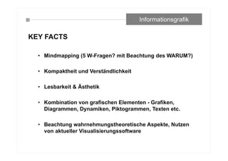 KEY FACTS
• Mindmapping (5 W-Fragen? mit Beachtung des WARUM?)
• Kompaktheit und Verständlichkeit
• Lesbarkeit & Ästhetik
• Kombination von grafischen Elementen - Grafiken,
Diagrammen, Dynamiken, Piktogrammen, Texten etc.
• Beachtung wahrnehmungstheoretische Aspekte, Nutzen
von aktueller Visualisierungssoftware
Informationsgrafik
 
