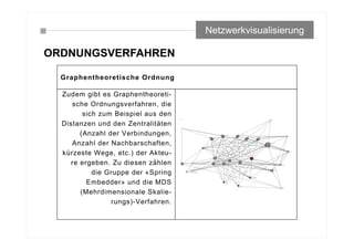 ORDNUNGSVERFAHREN
Netzwerkvisualisierung
Graphentheoretische Ordnung
Zudem gibt es Graphentheoreti-
sche Ordnungsverfahren, die
sich zum Beispiel aus den
Distanzen und den Zentralitäten
(Anzahl der Verbindungen,
Anzahl der Nachbarschaften,
kürzeste Wege, etc.) der Akteu-
re ergeben. Zu diesen zählen
die Gruppe der «Spring
Embedder» und die MDS
(Mehrdimensionale Skalie-
rungs)-Verfahren.
12
3
4
5
6
7
8
10
11
12
15
16
Haushalt
Geschehen
Arbeit
Sport
Unterhaltung
Privat
Einkommen
Kultur
Technik
Gesundheit
Politik
Liste
Neuanschaffung
 