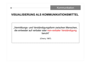 VISUALISIERUNG ALS KOMMUNIKATIONSMITTEL
Kommunikation
„Vermittlungs- und Verständigungsform zwischen Menschen,
die entweder auf verbaler oder non-verbaler Verständigung
beruht“
(Cherry, 1967)
 