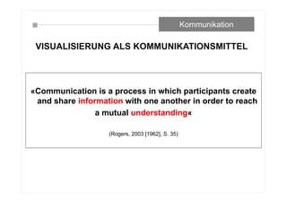 VISUALISIERUNG ALS KOMMUNIKATIONSMITTEL
Kommunikation
«Communication is a process in which participants create
and share information with one another in order to reach
a mutual understanding«
(Rogers, 2003 [1962], S. 35)
 