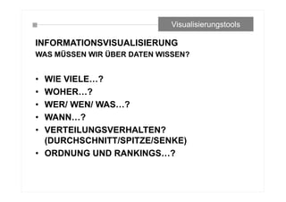 INFORMATIONSVISUALISIERUNG
WAS MÜSSEN WIR ÜBER DATEN WISSEN?
• WIE VIELE…?
• WOHER…?
• WER/ WEN/ WAS…?
• WANN…?
• VERTEILUNGSVERHALTEN?
(DURCHSCHNITT/SPITZE/SENKE)
• ORDNUNG UND RANKINGS…?
Visualisierungstools
 