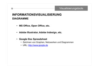 INFORMATIONSVISUALISIERUNG
DIAGRAMME
• MS Office, Open Office, etc.
• Adobe Illustrator, Adobe Indesign, etc.
• Google Doc Spreadsheet
• Zeichnen von Graphen, Netzwerken und Diagrammen
• URL: http://www.google.de
Visualisierungstools
 