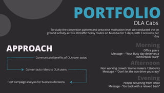 PORTFOLIOOLA Cabs
To study the conversion pattern and area wise motivation level we conducted the on
ground activity across 20 traffic heavy routes on Mumbai for 5 days, with 3 sessions per
day
APPROACH
Morning
Afternoon
Evening
Office goers
Message – “Your Busy day deserves a
comfortable start”
Non working crowd / Home makers / Students
Message – “Don’t let the sun drive you crazy”
People returning from office
Message - “Go back with a relaxed back”
 