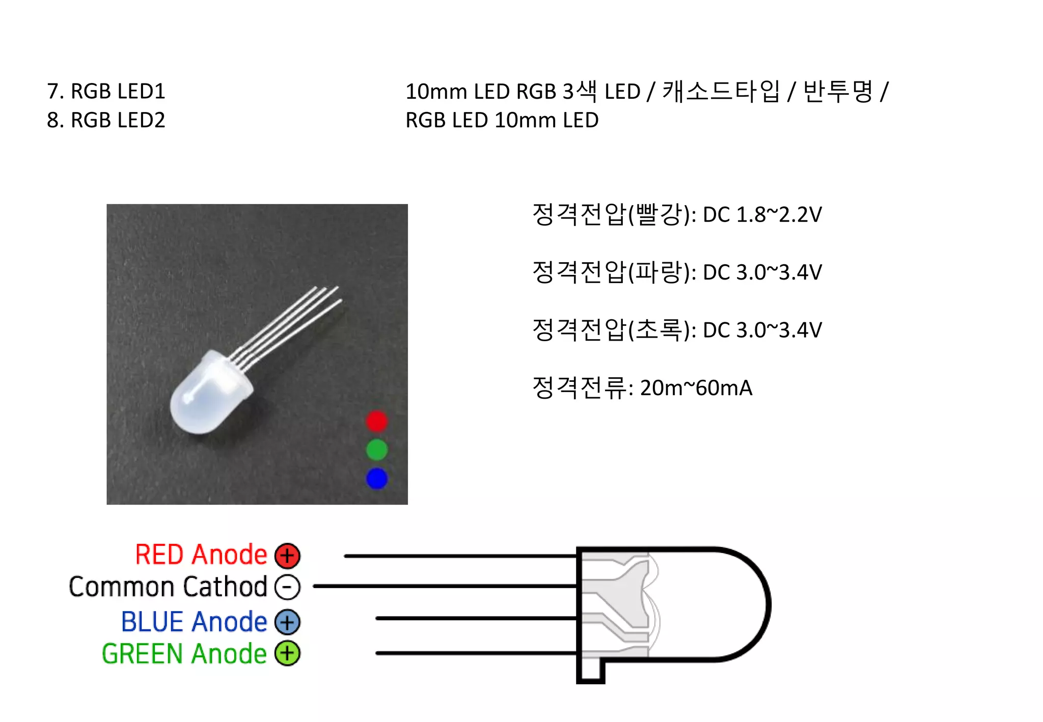 7. RGB LED1
8. RGB LED2
10mm LED RGB 3색 LED / 캐소드타입 / 반투명 /
RGB LED 10mm LED
정격전압(빨강): DC 1.8~2.2V
정격전압(파랑): DC 3.0~3.4V
정격전압(초록): DC 3.0~3.4V
정격전류: 20m~60mA
 