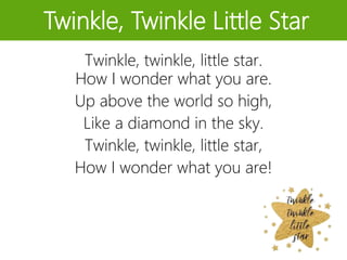 Twinkle, Twinkle Little Star
Twinkle, twinkle, little star.
How I wonder what you are.
Up above the world so high,
Like a diamond in the sky.
Twinkle, twinkle, little star,
How I wonder what you are!
 