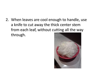 2. When leaves are cool enough to handle, use
a knife to cut away the thick center stem
from each leaf, without cutting all the way
through.

 