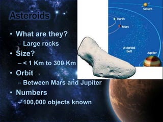 AsteroidsWhat are they?Large rocksSize?< 1 Km to 300 KmOrbitBetween Mars and JupiterNumbers100,000 objects known