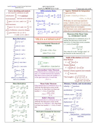 typed by Sean Bird, Covenant Christian High School
updated May 2014
AP CALCULUS
Stuff you MUST know Cold * means topic only on BC
Curve sketching and analysis
y = f(x) must be continuous at each:
critical point:
dy
dx
= 0 or undefined
local minimum:
dy
dx
goes (–,0,+) or (–,und,+) or
2
2
d y
dx
>0
local maximum:
dy
dx
goes (+,0,–) or (+,und,–) or
2
2
d y
dx
<0
point of inflection: concavity changes
2
2
d y
dx
goes from (+,0,–), (–,0,+),
Differentiation Rules
Chain Rule
 ( ) '( )
d du dy dy du
f u f u
dx dx dx du
R
x
O
d
 
Product Rule
( ) ' '
d du dv
uv v u OR u
dx
v
dx dx
uv 
Quotient Rule
2 2
' 'du dv
dx dxv u u v uv
O
d u
R
dx v vv
 
 



Approx. Methods for Integration
Trapezoidal Rule
1
0 12
1
( ) [ ( ) 2 ( ) ...
2 ( ) ( )]
b
b a
na
n n
f x dx f x f x
f x f x


  
 

With data, do each trap separately
using ½ (f(x1)+f(x2)). It is an over
approximation if ( ) (concave up)
Riemann Sums are rectangles.
Left Riemann sums under approximate
when f(x) is increasing ( ( ) )…
Theorem of the Mean Value
i.e. AVERAGE VALUE
Basic Derivatives
  1n nd
x nx
dx


 sin cos
d
x x
dx

 cos sin
d
x x
dx
 
  2
tan sec
d
x x
dx

  2
cot csc
d
x x
dx
 
 sec sec tan
d
x x x
dx

 csc csc cot
d
x x x
dx
 
 
1
ln
d du
u
dx u dx

 u ud du
e e
dx dx

where u is a function of x,
and a is a constant.
“PLUS A CONSTANT” If the function f(x) is continuous on [a, b]
and the first derivative exists on the
interval (a, b), then there exists a number
x = c on (a, b) such that
( )
( )
( )
b
a
f x dx
f c
b a



This value f(c) is the “average value” of
the function on the interval [a, b].
The Fundamental Theorem of
Calculus
( ) ( ) ( )
where '( ) ( )
b
a
f x dx F b F a
F x f x
 


Corollary to FTC
( )
( )
( ( )) '( ) ( ( ))
( )
'( )
b x
a x
f b x b x f a x
f t dt
d
d
a x
x



Solids of Revolution and friends
Disk Method
 
2
( )
x b
x a
V R x dx


 
Washer Method
    2 2
( ) ( )
b
a
V R x r x dx 
General volume equation (not rotated)
( )
b
a
V Area x dx 
*Arc Length  
2
1 '( )
b
a
L f x dx 
   
2 2
'( ) '( )
b
a
x t y t dt 
Intermediate Value Theorem
If the function f(x) is continuous on [a, b],
and y is a number between f(a) and f(b),
then there exists at least one number x= c
in the open interval (a, b) such that
( )f c y .
More Derivatives
1
2 2
1
sin
d u du
dx a dxa u
 
 
  
 1
2
1
cos
1
d
x
dx x
 


1
2 2
tan
d u a du
dx a dxa u
 
    
 1
2
1
cot
1
d
x
dx x
 


1
2 2
sec
d u a du
dx a dxu u a
 
  
  
 1
2
1
csc
1
d
x
dx x x
 


 
   
ln
u x u xd du
a a a
dx dx
 
 
1
log
ln
a
d
x
dx x a

Mean Value Theorem
If the function f(x) is continuous on [a, b],
AND the first derivative exists on the
interval (a, b), then there is at least one
number x = c in (a, b) such that
( ) ( )
'( )
f b f a
f c
b a



.
Distance, Velocity, and Acceleration
velocity = d
dt
(position)
acceleration = d
dt
(velocity)
*velocity vector = ,
dx dy
dt dt
speed = 2 2
( ') ( ')v x y  *
displacement =
f
o
t
t
vdt
final time
initial time
2 2
distance =
( ') *'( )
f
o
t
t
v dt
x y dt


average velocity =
final position initial position
total time


=
x
t


Rolle’s Theorem
If the function f(x) is continuous on [a, b],
AND the first derivative exists on the
interval (a, b), AND f(a) = f(b), then there
is at least one number x = c in (a, b) such
that
'( ) 0f c  .
Derivative Formula for Inverses
df
dx df
dx
x f a
x a




1
1
( )
(+,und,–), or (–,und,+)
(and look out for endpoints)
 