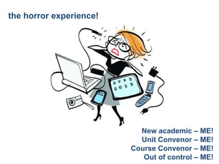 the horror experience!




                           New academic – ME!
                           Unit Convenor – ME!
                         Course Convenor – ME!
                            Out of control – ME!
 