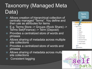Taxonomy (Managed Meta Data)Term SetsAllows creation of hierarchical collection of centrally managed “Terms”. You define and then use as attributes for itemsE.g. Terms Store -> Groups (Rock Share) -> Terms Set(Finance) -> Term (Deposit) Provides a centralized store of words and phrases Allows sharing of metadata across multiple site collections  Provides a centralized store of words and phrases Allows sharing of metadata across multiple site collections Consistent tagging
