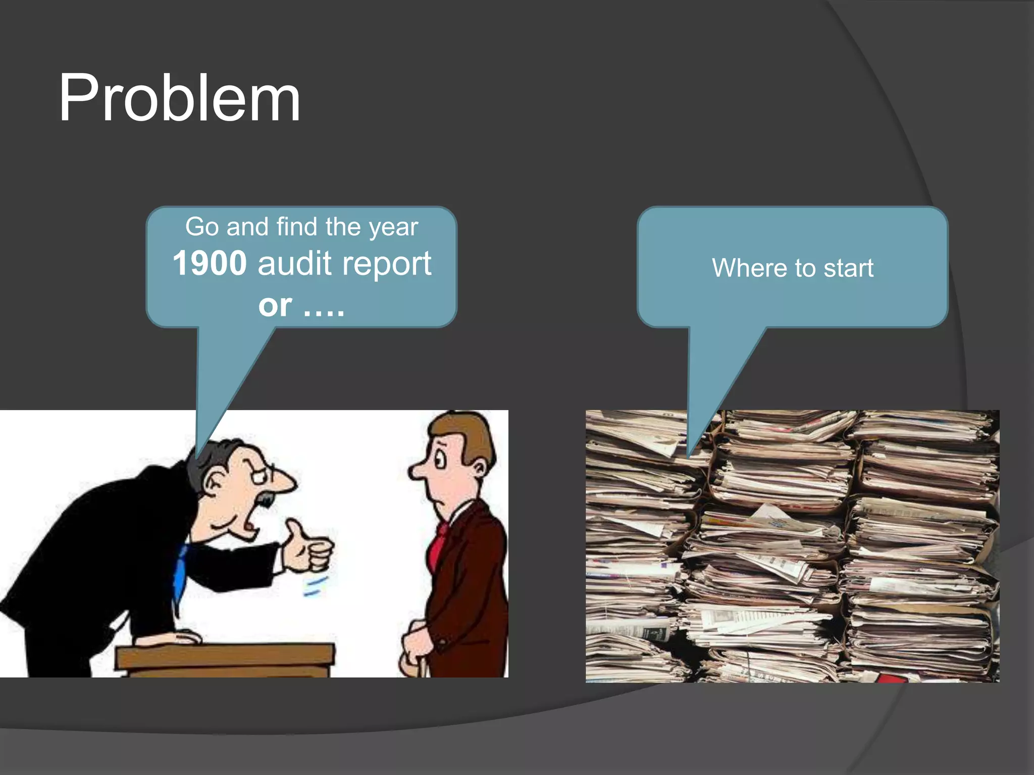 Problem
   Go and find the year
   1900 audit report      Where to start
        or ….
 