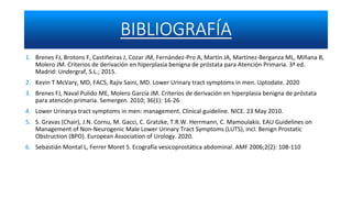 1. Brenes FJ, Brotons F, Castiñeiras J, Cozar JM, Fernández-Pro A, Martín JA, Martínez-Berganza ML, Miñana B,
Molero JM. Criterios de derivación en hiperplasia benigna de próstata para Atención Primaria. 3ª ed.
Madrid: Undergraf, S.L.; 2015.
2. Kevin T McVary, MD, FACS, Rajiv Saini, MD. Lower Urinary tract symptoms in men. Uptodate. 2020
3. Brenes FJ, Naval Pulido ME, Molero García JM. Criterios de derivación en hiperplasia benigna de próstata
para atención primaria. Semergen. 2010; 36(1): 16-26
4. Lower Urinarya tract symptoms in men: management. Clinical guideline. NICE. 23 May 2010.
5. S. Gravas (Chair), J.N. Cornu, M. Gacci, C. Gratzke, T.R.W. Herrmann, C. Mamoulakis. EAU Guidelines on
Management of Non-Neurogenic Male Lower Urinary Tract Symptoms (LUTS), incl. Benign Prostatic
Obstruction (BPO). European Association of Urology. 2020.
6. Sebastián Montal L, Ferrer Moret S. Ecografía vesicoprostática abdominal. AMF 2006;2(2): 108-110
 