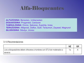 Alfa-Bloqueantes
ALFUZOSINA: Benestan, Unibenestan
DOSAXOSINA: Progandol, Carduran
TAMSULOSINA: Omnic, Sebrane, Zuantrip, Inreq
TERAZOSINA: Alfaprost, Deflox, Sutif, Teraumon, Zayasel, Magnurol
SILODOSINA: Silodyx, Urorec
 