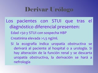 Derivar Urólogo
Los pacientes con STUI que tras el
diagnóstico diferencial presenten:
Edad <50 y STUI con sospecha HBP
Creatinina elevada >1,5 ng/ml.
Si la ecografía indica uropatía obstructiva se
derivará al paciente al hospital o a urología. Si
hay alteración de la función renal y se descarta
uropatía obstructiva, la derivación se hará a
nefrología
 
