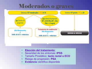 Moderados o graves
• Elección del tratamiento:
• Severidad de los síntomas: IPSS
• Tamaño Prostático: tacto rectal o ECO
• Riesgo de progresión: PSA
• Evidencia científica disponible
 