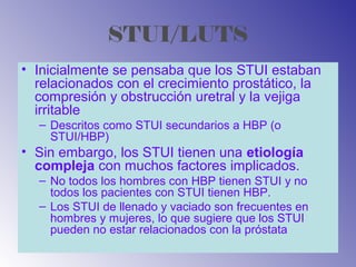 STUI/LUTS
• Inicialmente se pensaba que los STUI estaban
relacionados con el crecimiento prostático, la
compresión y obstrucción uretral y la vejiga
irritable
– Descritos como STUI secundarios a HBP (o
STUI/HBP)
• Sin embargo, los STUI tienen una etiología
compleja con muchos factores implicados.
– No todos los hombres con HBP tienen STUI y no
todos los pacientes con STUI tienen HBP.
– Los STUI de llenado y vaciado son frecuentes en
hombres y mujeres, lo que sugiere que los STUI
pueden no estar relacionados con la próstata
 