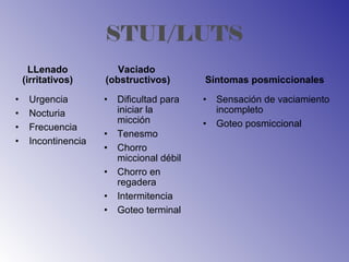 STUI/LUTS
LLenado
(irritativos)
Vaciado
(obstructivos) Síntomas posmiccionales
• Urgencia
• Nocturia
• Frecuencia
• Incontinencia
• Dificultad para
iniciar la
micción
• Tenesmo
• Chorro
miccional débil
• Chorro en
regadera
• Intermitencia
• Goteo terminal
• Sensación de vaciamiento
incompleto
• Goteo posmiccional
 