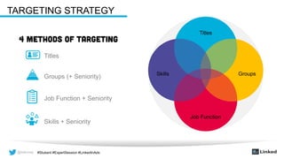 @wilcoxaj #Stukent #ExpertSession #LinkedInAds@wilcoxaj #Stukent #ExpertSession #LinkedInAds
TARGETING STRATEGY
CMO
Titles
Groups
Job Function
Skills
Titles
Groups (+ Seniority)
Job Function + Seniority
Skills + Seniority
 