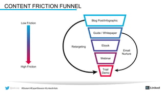@wilcoxaj #Stukent #ExpertSession #LinkedInAds@wilcoxaj #Stukent #ExpertSession #LinkedInAds
CONTENT FRICTION FUNNEL
Trial/
Demo
Blog Post/Infographic
Ebook
Webinar
Retargeting
Email
Nurture
Low Friction
High Friction
Guide / Whitepaper
 