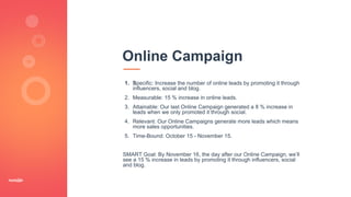 1. Specific: Increase the number of online leads by promoting it through
influencers, social and blog.
2. Measurable: 15 % increase in online leads.
3. Attainable: Our last Online Campaign generated a 8 % increase in
leads when we only promoted it through social.
4. Relevant: Our Online Campaigns generate more leads which means
more sales opportunities.
5. Time-Bound: October 15 - November 15.
SMART Goal: By November 16, the day after our Online Campaign, we’ll
see a 15 % increase in leads by promoting it through influencers, social
and blog.
Online Campaign
 