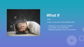 Things to review when not hitting SMART goals:
- Optimization, can we optimize our efforts?
- Accountability, who is responsible?
- Realigning expectations, how to move forward?
What If
 