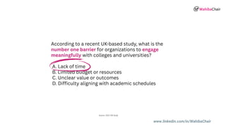 www.linkedin.com/in/WahibaChair
According to a recent UK-based study, what is the
number one barrier for organizations to engage
meaningfully with colleges and universities?
A. Lack of time
B. Limited budget or resources
C. Unclear value or outcomes
D. Difficulty aligning with academic schedules
Source: 2022 CBI Study
 