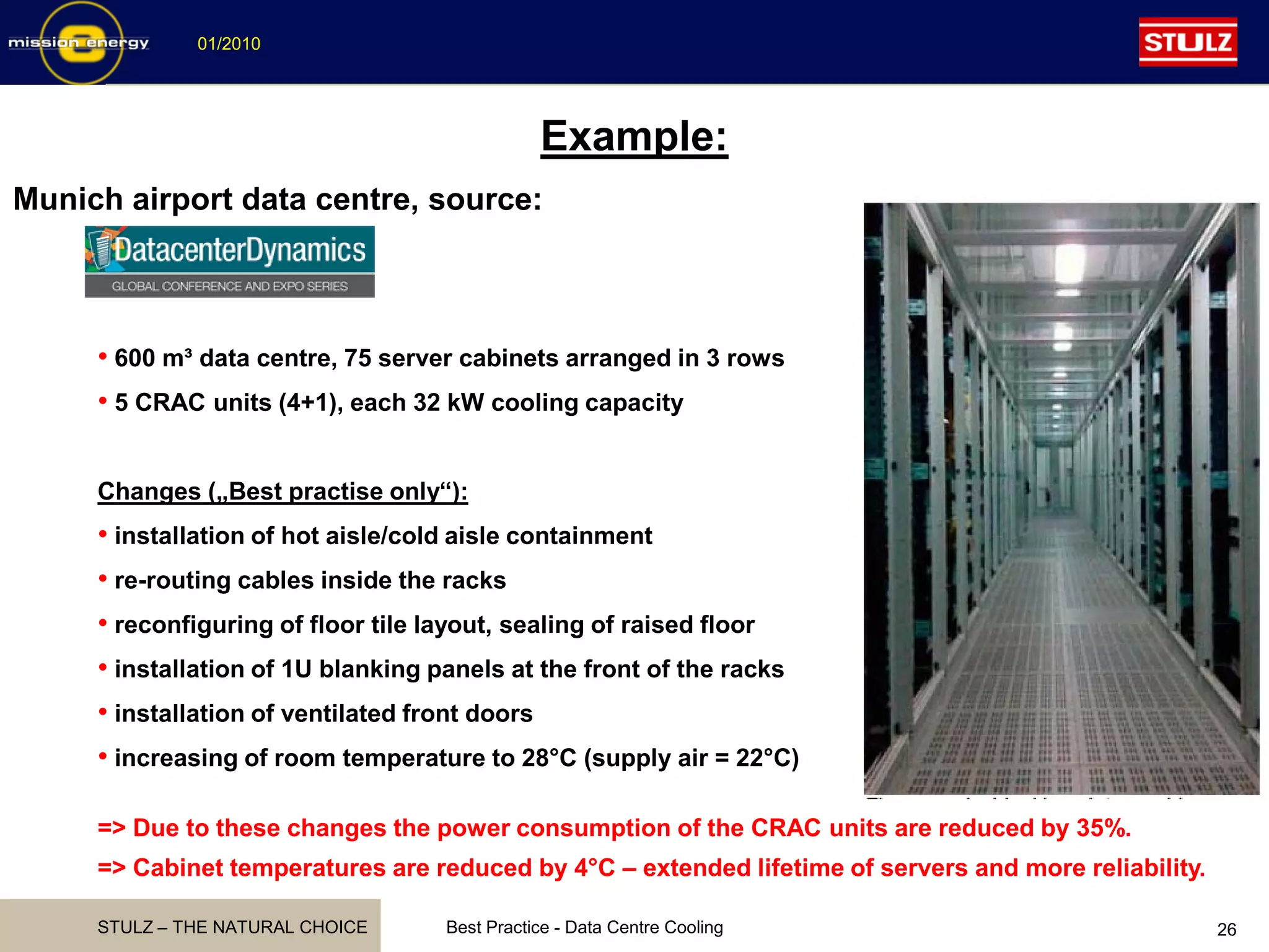 STULZ – THE NATURAL CHOICE
01/2010
Best Practice - Data Centre Cooling 26
Example:
Munich airport data centre, source:
• 600 m³ data centre, 75 server cabinets arranged in 3 rows
• 5 CRAC units (4+1), each 32 kW cooling capacity
Changes („Best practise only“):
• installation of hot aisle/cold aisle containment
• re-routing cables inside the racks
• reconfiguring of floor tile layout, sealing of raised floor
• installation of 1U blanking panels at the front of the racks
• installation of ventilated front doors
• increasing of room temperature to 28°C (supply air = 22°C)
=> Due to these changes the power consumption of the CRAC units are reduced by 35%.
=> Cabinet temperatures are reduced by 4°C – extended lifetime of servers and more reliability.
 