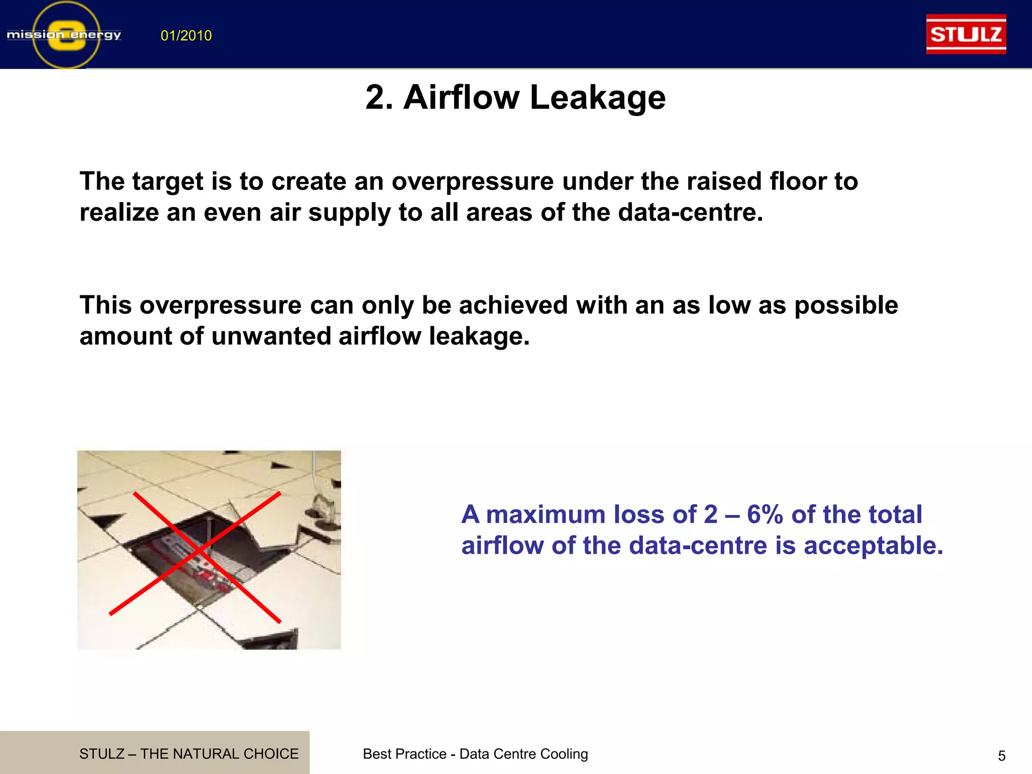 STULZ – THE NATURAL CHOICE
01/2010
Best Practice - Data Centre Cooling 5
2. Airflow Leakage
The target is to create an overpressure under the raised floor to
realize an even air supply to all areas of the data-centre.
This overpressure can only be achieved with an as low as possible
amount of unwanted airflow leakage.
A maximum loss of 2 – 6% of the total
airflow of the data-centre is acceptable.
 