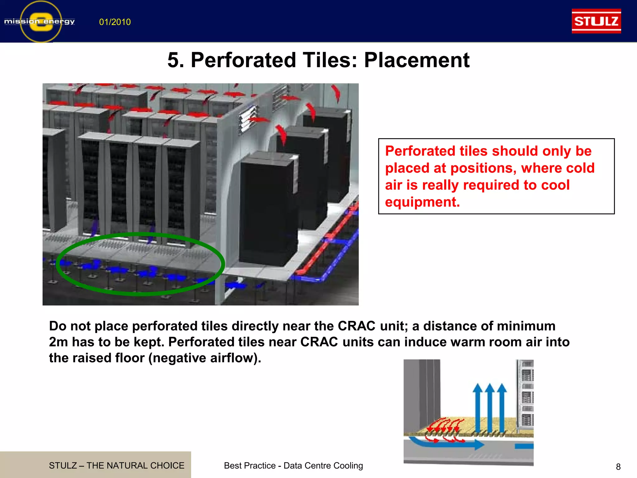 STULZ – THE NATURAL CHOICE
01/2010
Best Practice - Data Centre Cooling 8
5. Perforated Tiles: Placement
Perforated tiles should only be
placed at positions, where cold
air is really required to cool
equipment.
Do not place perforated tiles directly near the CRAC unit; a distance of minimum
2m has to be kept. Perforated tiles near CRAC units can induce warm room air into
the raised floor (negative airflow).
 