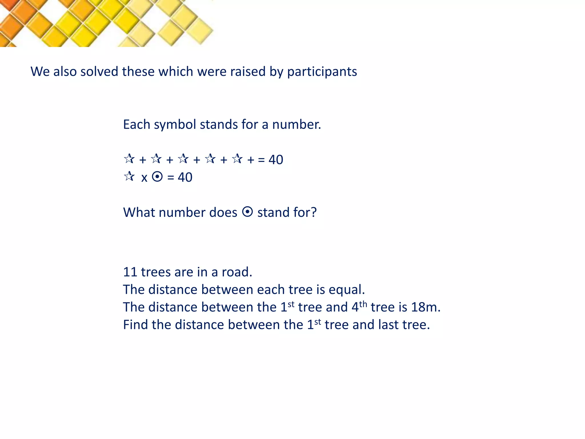We also solved these which were raised by participants


               Each symbol stands for a number.

                +  +  +  +  + = 40
                x  = 40

               What number does  stand for?



               11 trees are in a road.
               The distance between each tree is equal.
               The distance between the 1st tree and 4th tree is 18m.
               Find the distance between the 1st tree and last tree.
 