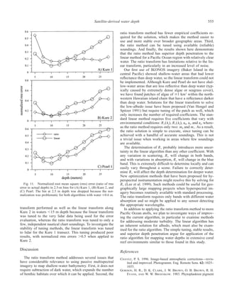 555Satellite-derived water depth
Fig. 11. Normalized root mean square (rms) error (ratio of rms
error to actual depth) in 2.5-m bins for (A) Kure 1, (B) Kure 2, and
(C) Pearl. The bin at 2.5 m depth was dropped because the nor-
malization was problematic for both algorithms with water Յ0.6 m.
transform performed as well as the linear transform along
Kure 2 in waters Ͻ15 m depth because the linear transform
was tuned to the very lidar data being used for the error
evaluation, whereas the ratio transform was tuned to only a
few, independent nautical chart soundings. To investigate the
stability of tuning methods, the linear transform was tuned
to lidar for the Kure 1 transect. This tuning produced poor
results, with normalized rms errors Ͼ0.5 when applied to
Kure 2.
Discussion
The ratio transform method addresses several issues that
have considerable relevance to using passive multispectral
imagery to map shallow-water bathymetry. First, it does not
require subtraction of dark water, which expands the number
of benthic habitats over which it can be applied. Second, the
ratio transform method has fewer empirical coefﬁcients re-
quired for the solution, which makes the method easier to
use and more stable over broader geographic areas. Third,
the ratio method can be tuned using available (reliable)
soundings. And ﬁnally, the results shown here demonstrate
that the ratio method has superior depth penetration to the
linear method for a Paciﬁc Ocean region with relatively clear
water. The ratio transform has limitations relative to the lin-
ear transform, particularly in an increased level of noise.
Our ﬁrst use of IKONOS imagery (Baker Island in the
central Paciﬁc) showed shallow-water areas that had lower
reﬂectance than deep water, so the linear transform could not
be implemented. Although Kure and Pearl do not have shal-
low-water areas that are less reﬂective than deep water (typ-
ically caused by extremely dense algae or seagrass cover),
we have found patches of algae of Ն1 km2
within the north-
western Hawaiian island chain that have a reﬂectance darker
than deep water. Solutions for the linear transform to solve
the low-albedo issue have been proposed (Van Hengel and
Spitzer 1991) but require tuning of the patch as well, which
only increases the number of required coefﬁcients. The stan-
dard linear method requires ﬁve coefﬁcients that vary with
environmental conditions: Rϱ(␭i), Rϱ(␭j), a0, ai, and aj, where-
as the ratio method requires only two: m0 and m1. As a result,
the ratio solution is simple to execute, since tuning can be
achieved with a handful of accurate soundings. This is not
a trivial issue when working in areas where few soundings
are available.
The determination of Rϱ probably introduces more uncer-
tainty in the linear algorithm than any other coefﬁcient. With
any variation in scattering, Rϱ will change in both bands,
and with variations in absorption, Rϱ will change in the blue
band. This is extremely difﬁcult to determine locally and can
easily vary throughout a scene. Failure to correctly deter-
mine Rϱ will affect the depth determination for deeper water.
New optimization methods that have been proposed for hy-
perspectral instrumentation might resolve this by solving for
Rϱ (Lee et al. 1999). Such methods could be useful for geo-
graphically large mapping projects when hyperspectral im-
agery becomes routinely available with standard processing.
The ratio transform requires only bands with different water
absorption and so might be applied to any sensor detecting
the appropriate wavelengths.
In addition to applying the ratio transform method to more
Paciﬁc Ocean atolls, we plan to investigate ways of improv-
ing the current algorithm, in particular to examine methods
for addressing moderate turbidity. The linear algorithm has
an inherent solution for albedo, which must also be exam-
ined for the ratio algorithm. The simple tuning, stable results,
and superior depth penetration argue for application of the
ratio algorithm for mapping water depths in extensive coral
reef environments similar to those found in this study.
References
CHAVEZ, P. S. 1996. Image-based atmospheric corrections—revis-
ited and improved. Photogramm. Eng. Remote Sens. 62: 1025–
1035.
GORDON, H. R., D. K. CLARK, J. W. BROWN, O. B. BROWN, R. H.
EVANS, AND W. W. BROENKOW. 1983. Phytoplankton pigment
 