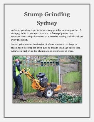Stump Grinding
Sydney
A stump grinding is perform by stump grinder or stump cutter. A
stump grinder or stump cutter is a tool or equipment that
removes tree stumps by means of a rotating cutting disk that chips
away the wood.
Stump grinders can be the size of a lawn mower or as large as
truck. Most accomplish their task by means of a high-speed disk
with teeth that grind the stump and roots into small chips.
 