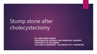 Stump stone after
cholecystectomy
DR. HIWA OMER AHMED
PROFESSOR IN GENERAL AND BARIATRIC SURGERY
UNIVERSITY OF SULAIMANI
COLLEGE OF MEDICINE – SULAIMANI CITY- KURDISTAN
 