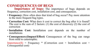 CONSEQUENCES OF BUGS
Importance of bugs: The importance of bugs depends on
frequency, correction cost, installation cost, and consequences.
• Frequency: How often does that kind of bug occur? Pay more attention
to the more frequent bug types.
• Correction Cost: What does it cost to correct the bug after it is found?
The cost is the sum of 2 factors: (1) the cost of discovery (2) the cost of
correction
• Installation Cost: Installation cost depends on the number of
installations
• Consequences:(Impact/Effect) Consequences of the bug can range
from mild to catastrophic.
Importance($) = Frequency * (Correction cost + Installation cost +
Consequential cost)
 