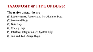 TAXONOMY or TYPE OF BUGS:
The major categories are
(1) Requirements, Features and Functionality Bugs
(2) Structural Bugs
(3) Data Bugs
(4) Coding Bugs
(5) Interface, Integration and System Bugs
(6) Test and Test Design Bugs.
 