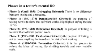 Phases in a tester's mental life
• Phase 0: (Until 1956: Debugging Oriented) There is no difference
between testing and debugging.
• Phase 1: (1957-1978: Demonstration Oriented) the purpose of
testing here is to show that software works. Highlighted during the late
1970s.
• Phase 2: (1979-1982: Destruction Oriented) the purpose of testing is
to show that software doesn’t work.
• Phase 3: (1983-1987: Evaluation Oriented) the purpose of testing is
not to prove anything but to reduce the risk of not working
• Phase 4: (1988-2000: Prevention Oriented) it is the process to
reduce the labor of testing. By dividing testable and non- testable
code.
 
