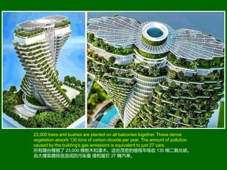 23,000 trees and bushes are planted on all balconies together. These dense
vegetation absorb 130 tons of carbon dioxide per year. The amount of pollution
caused by the building's gas emissions is equivalent to just 27 cars.
̨Nֲ 23,000 Øľ͹ľ@Щïֲܵÿ 130 ̼
ɴǚwŷɵȾ Hஔ 27 v܇
 